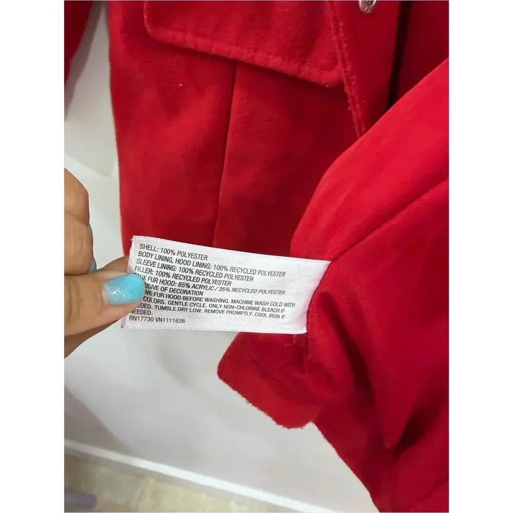 Cat & Jack Bright Red Hooded Pea Coat with Faux Fur Trim 5T kids